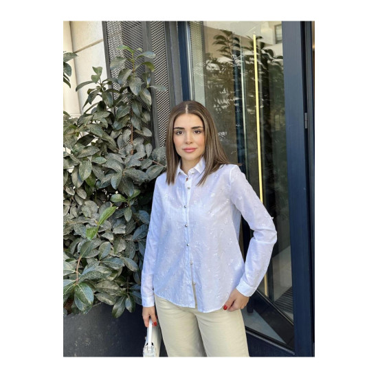 Kadın Beyaz Klasik Basic Poplin Gömlek-Nakış Detaylı 3398253