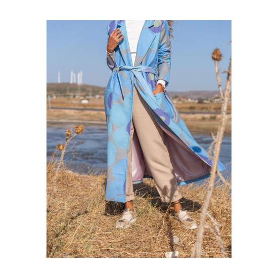 Kadın Özel Tasarım, Mavi Astarlı Kemerli Bol Kalıp, Digital Baskı, Uzun Kaşe Kaban 3491505