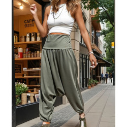 Kadın Beli Paçası Lastikli Düşük Ağlı Yüksek Bel Salaş Bol Viskon Şalvar Pantolon 3466