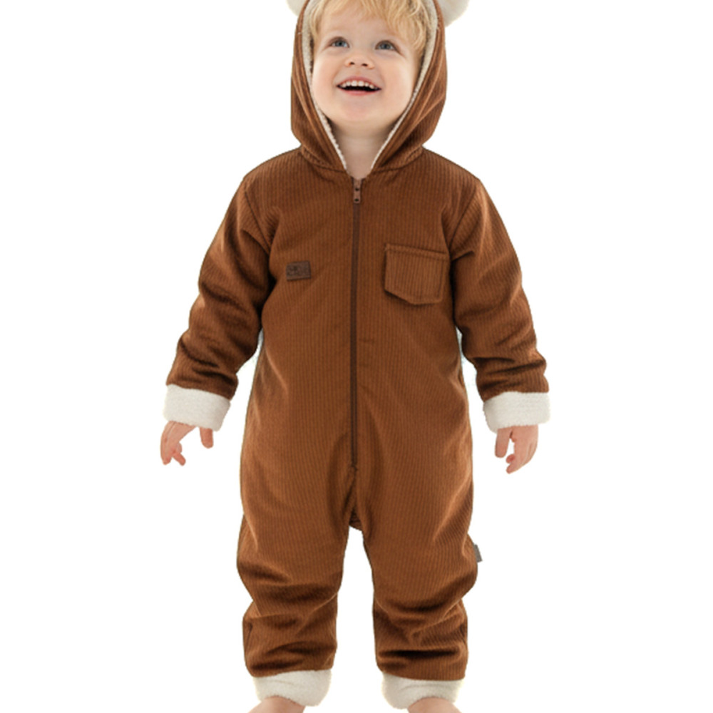 Kız Erkek Unisex Mevsimlik Çift Kat Kadife Ultrasoft Şapkalı Bebek Çocuk Uyku Tulumu Astronot Tulum Koyu Kahverengi