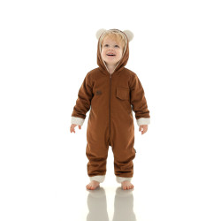 Kız Erkek Unisex Mevsimlik Çift Kat Kadife Ultrasoft Şapkalı Bebek Çocuk Uyku Tulumu Astronot Tulum Koyu Kahverengi