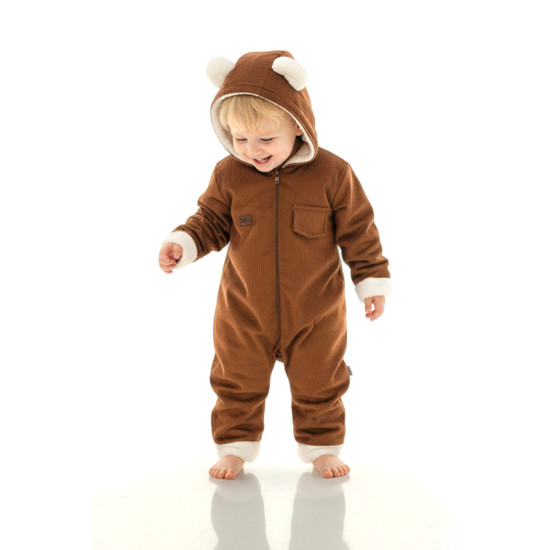 Kız Erkek Unisex Mevsimlik Çift Kat Kadife Ultrasoft Şapkalı Bebek Çocuk Uyku Tulumu Astronot Tulum Koyu Kahverengi