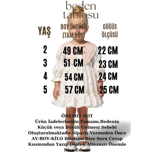 Kız Bebek Elbise Kız Çocuk Elbise Yakalı Doğum Günü Parti Düğün Özel Gün Uzun Kol Astarlı Elbise
