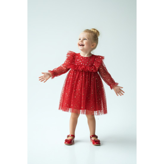 BabyAnimals Tüllü Yıldızlı Kız Çocuk Elbise Kırmızı