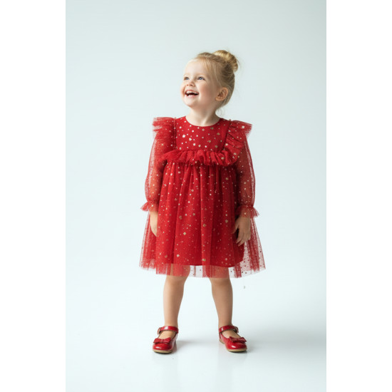 BabyAnimals Tüllü Yıldızlı Kız Çocuk Elbise Kırmızı