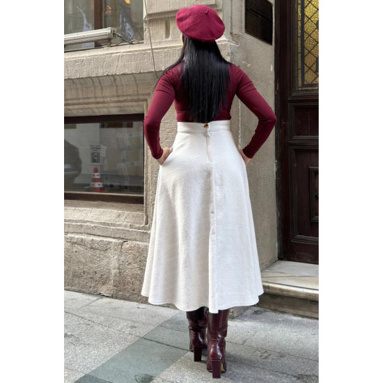 Pasaklı Giyim Kadın Kışlık Kırçıllı Kaşe Yüksek Bel Şık Uzun Kiloş Etek Ekru 3528330