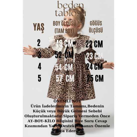 Kız Bebek Elbise Kız Çocuk Elbise Leopar Doğum Günü Parti Düğün Özel Gün Uzun Kol Astarlı Elbise Kahverengi