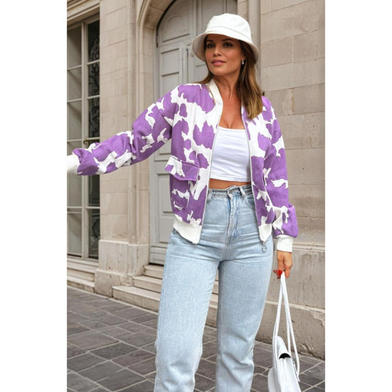 Kadın Desenli Gabardin Kumaş Bomber Ceket Mont,Cepli,Tam Kalıp 3567253