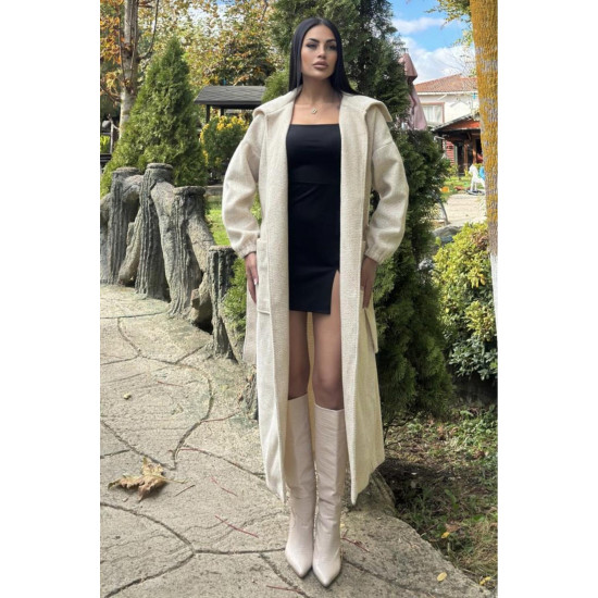 Kadın Balon Kol Uzun Şal Yaka Cepli Kalın Örgü Triko Salaş Kaban