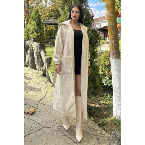 Kadın Balon Kol Uzun Şal Yaka Cepli Kalın Örgü Triko Salaş Kaban