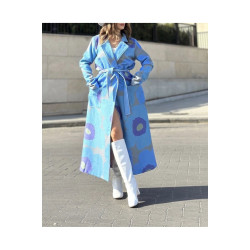 Kadın Özel Tasarım, Mavi Astarlı Kemerli Bol Kalıp, Digital Baskı, Uzun Kaşe Kaban 3491505