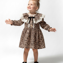 Kız Bebek Elbise Kız Çocuk Elbise Leopar Doğum Günü Parti Düğün Özel Gün Uzun Kol Astarlı Elbise Kahverengi 