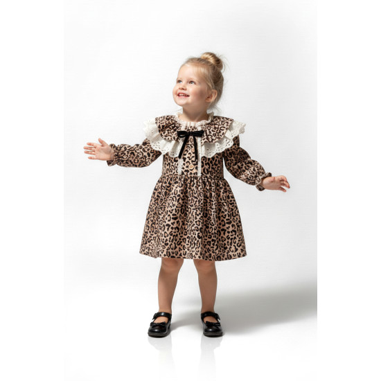 Kız Bebek Elbise Kız Çocuk Elbise Leopar Doğum Günü Parti Düğün Özel Gün Uzun Kol Astarlı Elbise Kahverengi