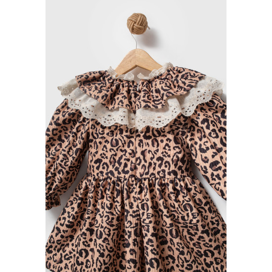 Kız Bebek Elbise Kız Çocuk Elbise Leopar Doğum Günü Parti Düğün Özel Gün Uzun Kol Astarlı Elbise Kahverengi