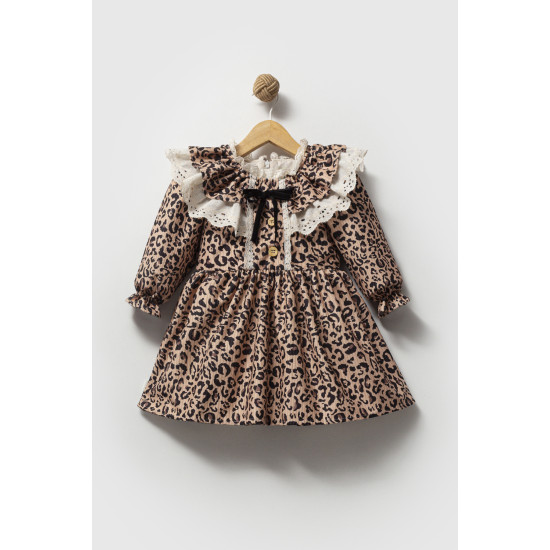 Kız Bebek Elbise Kız Çocuk Elbise Leopar Doğum Günü Parti Düğün Özel Gün Uzun Kol Astarlı Elbise Kahverengi