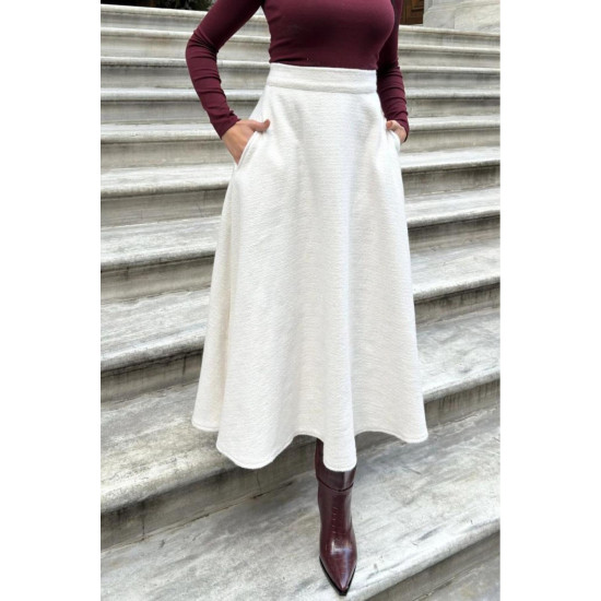 Pasaklı Giyim Kadın Kışlık Kırçıllı Kaşe Yüksek Bel Şık Uzun Kiloş Etek Ekru 3528330