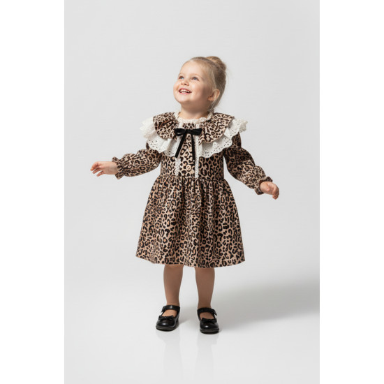Kız Bebek Elbise Kız Çocuk Elbise Leopar Doğum Günü Parti Düğün Özel Gün Uzun Kol Astarlı Elbise Kahverengi