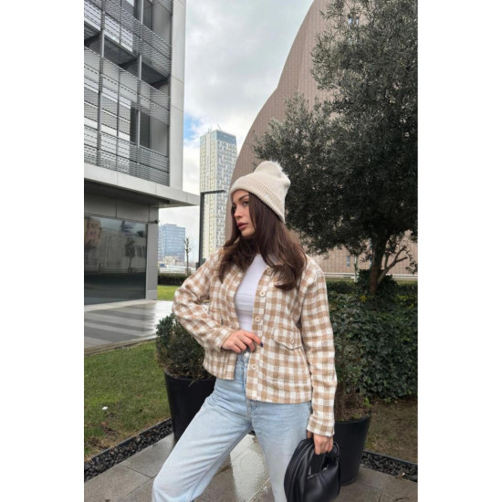 Kadın Şanel Ekose Oduncu Tüvit Kısa Cepli Kaşe Ceket 3540209