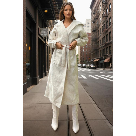 Kadın Balon Kol Uzun Şal Yaka Cepli Kalın Örgü Triko Salaş Kaban