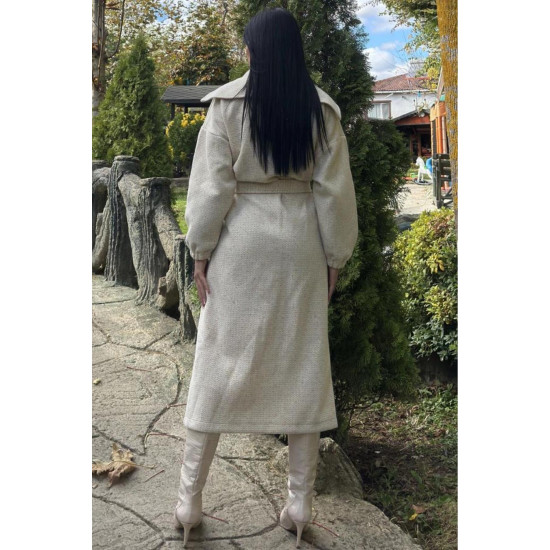 Kadın Balon Kol Uzun Şal Yaka Cepli Kalın Örgü Triko Salaş Kaban