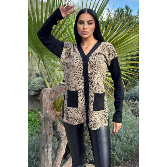 Kadın Leopar Desenli Yırtmaçlı Siyah Hırka 3679300