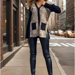 Kadın Leopar Desenli Yırtmaçlı Siyah Hırka 3679300