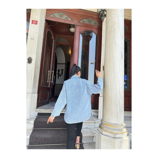 Oversize Kar Yıkama Cepli Düğmeli Denim Kot Ceket Gömlek Kt089400