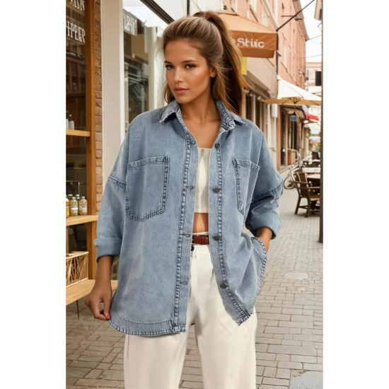 Oversize Kar Yıkama Cepli Düğmeli Denim Kot Ceket Gömlek Kt089400