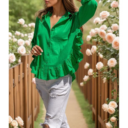 Kadın % 100 Pamuk Flam Vual Kumaş Yeşil Uzun Kol Eteği Fırfırlı Salaş Gömlek 3570210