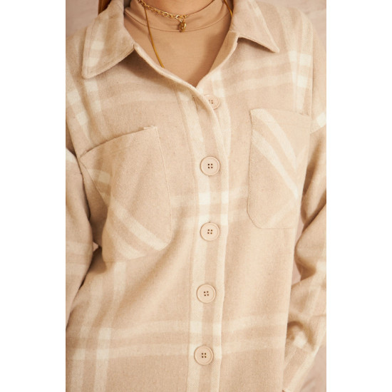 Kadın Kaşe Ekose Desenli Rahat Kalıp Uzun Cepli Spor Oduncu Gömlek Taş Bej 3539210