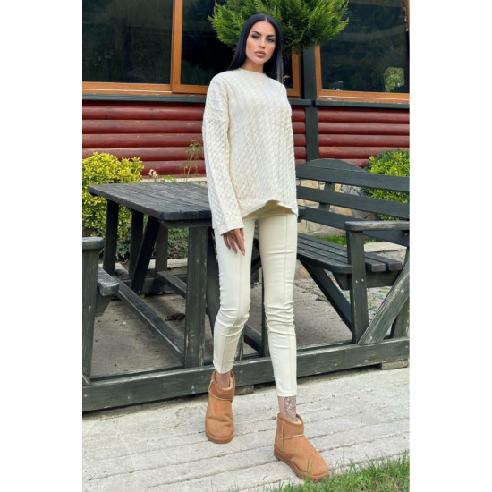 Kadın Ekru Tayt Pantolon, Arka Beli Lastikli, Esnek 3655220