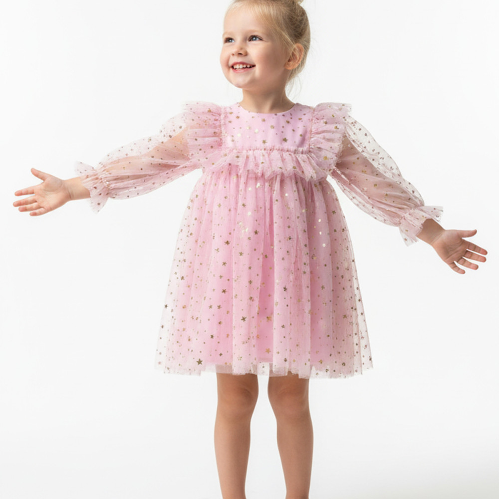 BabyAnimals Tüllü Yıldızlı Kız Çocuk Elbise Pembe