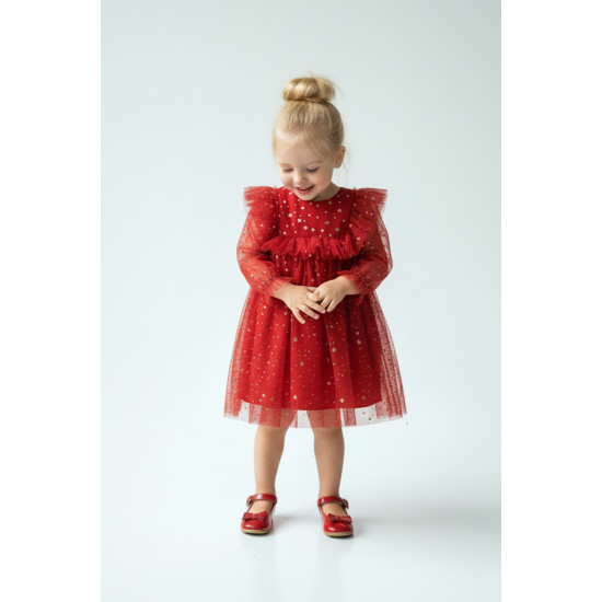 BabyAnimals Tüllü Yıldızlı Kız Çocuk Elbise Kırmızı