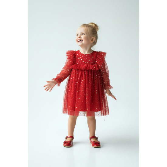 BabyAnimals Tüllü Yıldızlı Kız Çocuk Elbise Kırmızı