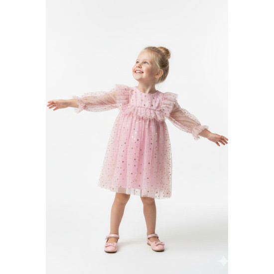 BabyAnimals Tüllü Yıldızlı Kız Çocuk Elbise Pembe