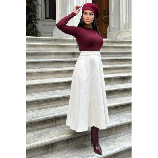 Pasaklı Giyim Kadın Kışlık Kırçıllı Kaşe Yüksek Bel Şık Uzun Kiloş Etek Ekru 3528330