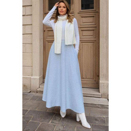 Pasaklı Giyim Kadın Kışlık Kırçıllı Kaşe Yüksek Bel Şık Uzun Kiloş Etek Mavi 3528330