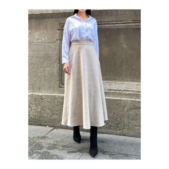 Pasaklı Giyim Kadın Kışlık Kırçıllı Kaşe Yüksek Bel Şık Uzun Kiloş Etek Vizon 3528330