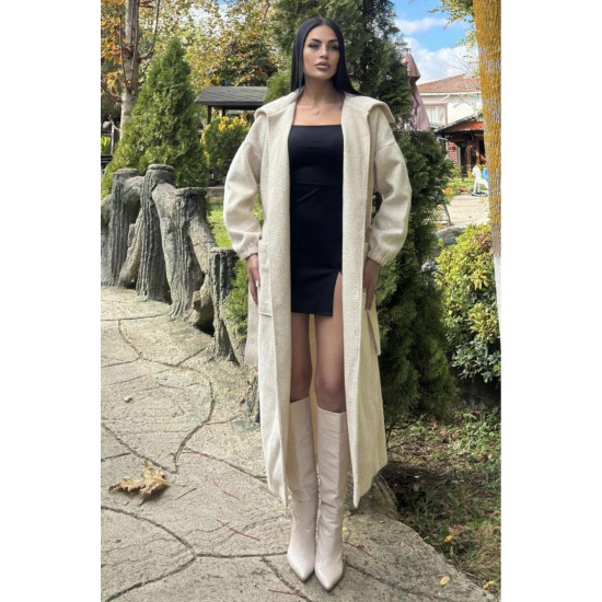 Kadın Balon Kol Uzun Şal Yaka Cepli Kalın Örgü Triko Salaş Kaban