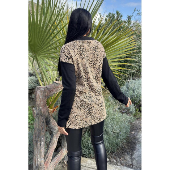 Kadın Leopar Desenli Yırtmaçlı Siyah Hırka 3679300