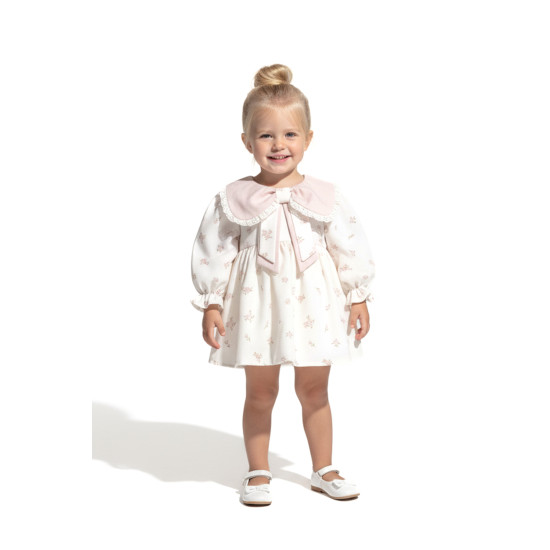 Kız Bebek Elbise Kız Çocuk Elbise Yakalı Doğum Günü Parti Düğün Özel Gün Uzun Kol Astarlı Çiçekli Koyu Pembe