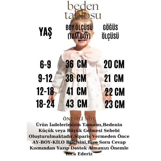 Kız Bebek Elbise Kız Çocuk Elbise Yakalı Doğum Günü Parti Düğün Özel Gün Uzun Kol Astarlı Çiçekli Pudra