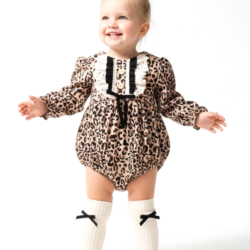Kız Bebek Kız Çocuk Romper Doğum Günü Parti Düğün Leopar Romper Dantelli Fiyonklu Uzun Kol Romper