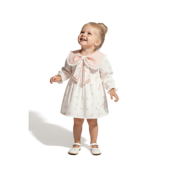 Kız Bebek Elbise Kız Çocuk Elbise Yakalı Doğum Günü Parti Düğün Özel Gün Uzun Kol Astarlı Çiçekli Pudra