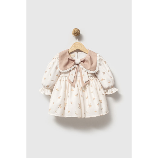 Kız Bebek Elbise Kız Çocuk Elbise Yakalı Doğum Günü Parti Düğün Özel Gün Uzun Kol Astarlı Çiçekli Açık Kahverengi