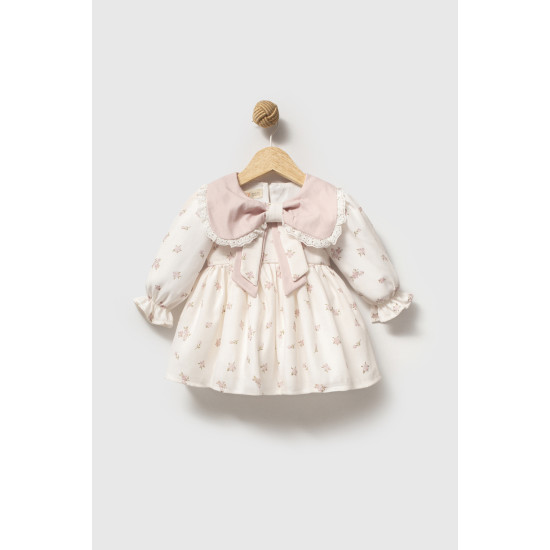 Kız Bebek Elbise Kız Çocuk Elbise Yakalı Doğum Günü Parti Düğün Özel Gün Uzun Kol Astarlı Çiçekli Koyu Pembe