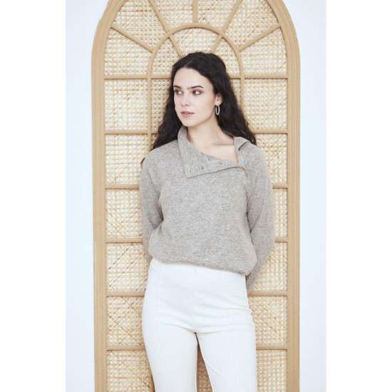 Kadın Yumoş Rahat Bej Balıkçı Yaka Uzun Kollu Düğmeli İnce Kışlık Bluz Kazak 3012203