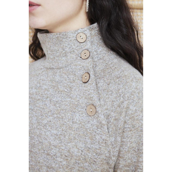 Kadın Yumoş Rahat Bej Balıkçı Yaka Uzun Kollu Düğmeli İnce Kışlık Bluz Kazak 3012203