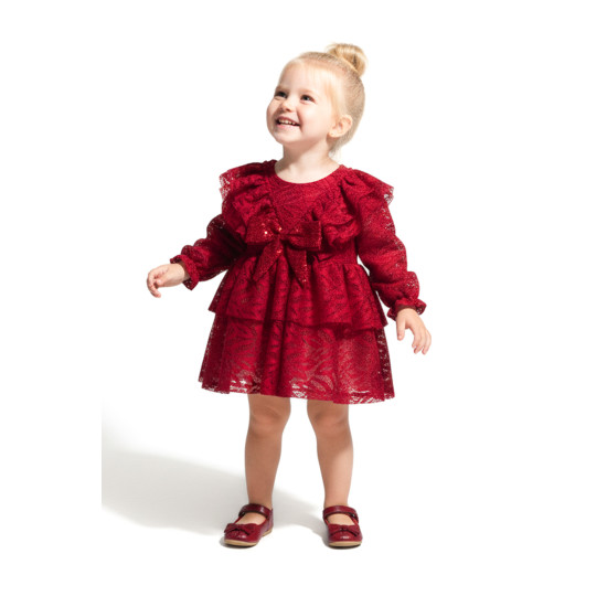 Kız Bebek Elbise Kız Çocuk Elbise Yakalı Doğum Günü Parti Düğün Özel Gün Uzun Kol Fiyonklu Astarlı Kırmızı