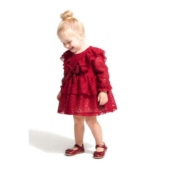 Kız Bebek Elbise Kız Çocuk Elbise Yakalı Doğum Günü Parti Düğün Özel Gün Uzun Kol Fiyonklu Astarlı Kırmızı